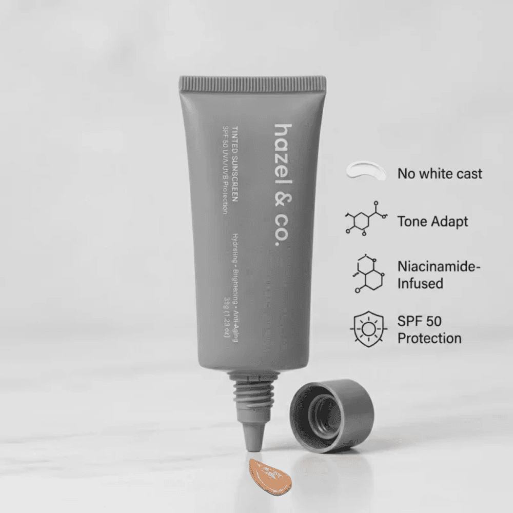 Hazel & Co. Tinted Sunscreen SPF 50 PA+++ | Tone-Adapting Sunscreen with Niacinamide | 35g