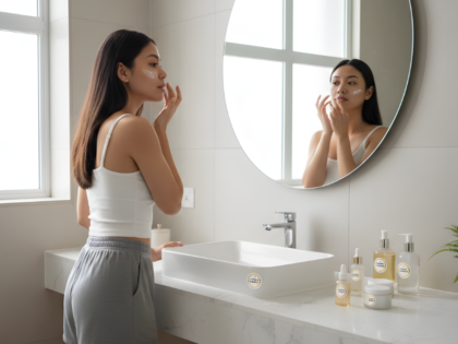 Woman checking her skin while applying skincare to avoid expired skincare products