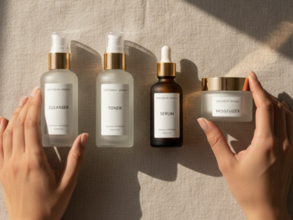 Authentic skincare products including cleanser, toner, serum, and moisturizer arranged in a daily routine