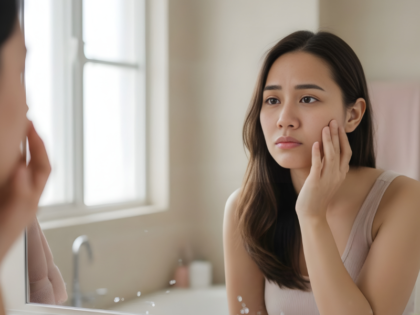 Woman noticing dull skin in mirror even after following a skincare routine