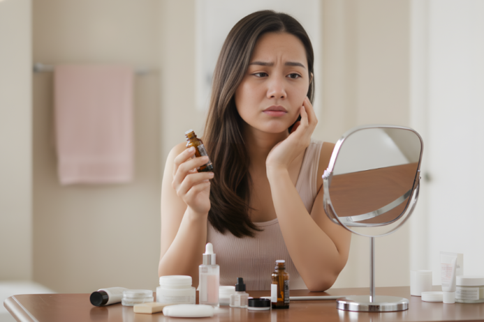 Woman worried why skin looks dull even after skincare while checking her face in the mirror