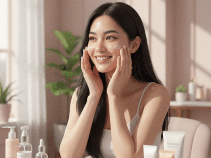 Woman following an expert-backed routine on how to get bright glowing skin using authentic skincare products