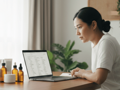 Woman researching ingredients after realizing why skincare stops working after a few months