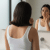 Woman checking her face in the mirror, showing signs of dull and tired skin despite regular skincare routine