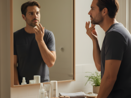 men skincare Philippines routine with a man applying skincare products at home