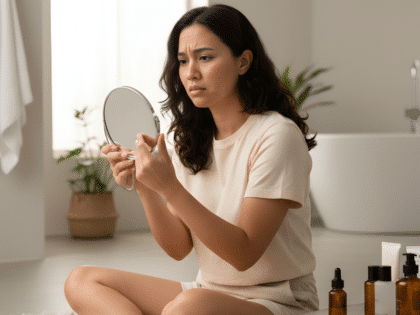 Woman examining her skin, showing signs that skincare products are damaging your skin
