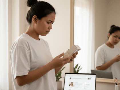 Woman carefully checking product details, a common sign an online beauty seller not verified before buying skincare