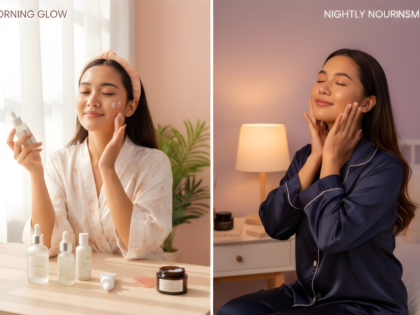 Morning vs night skincare routine for bright glowing skin showing daytime protection and nighttime repair